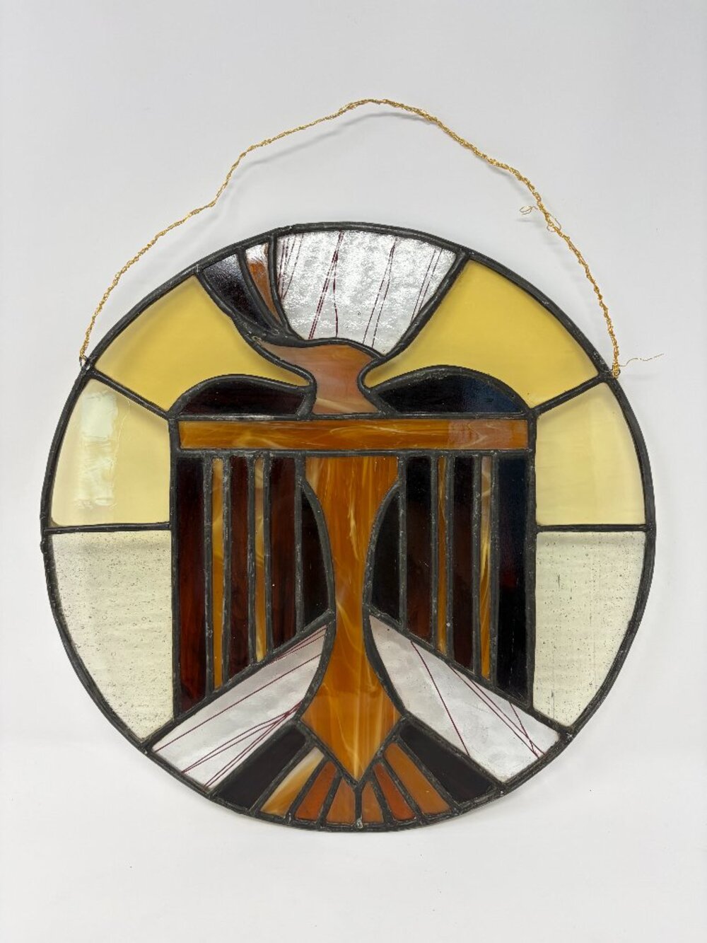 Vintage Leaded Stained Glass Suncatcher Thunderbird Bird Earthy 13.25" Diameter